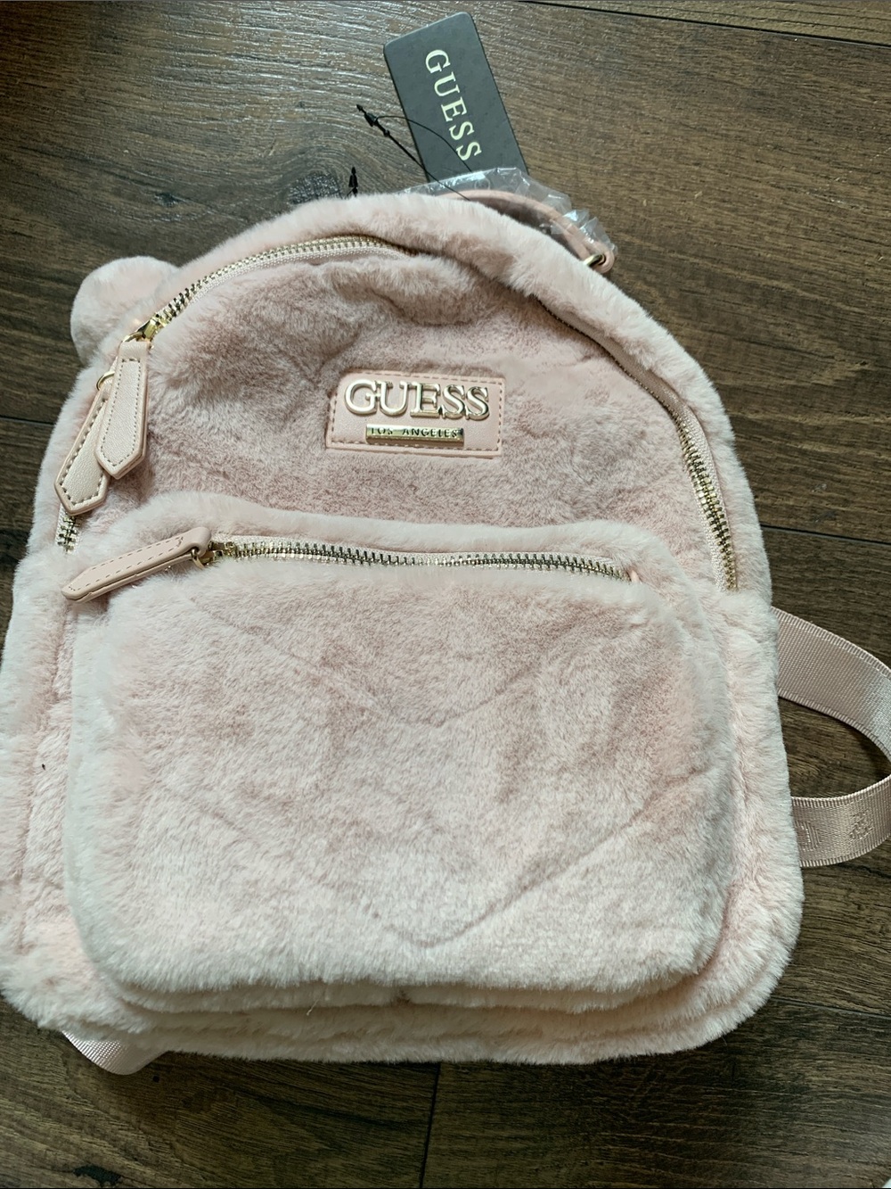 GUESS Pale Pink Plush Mini Backpack with Gold Hardware